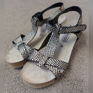 Mephisto Liviane Silver Black Snake Print Leather Cork Wedge Sandals Sz 38 US 8